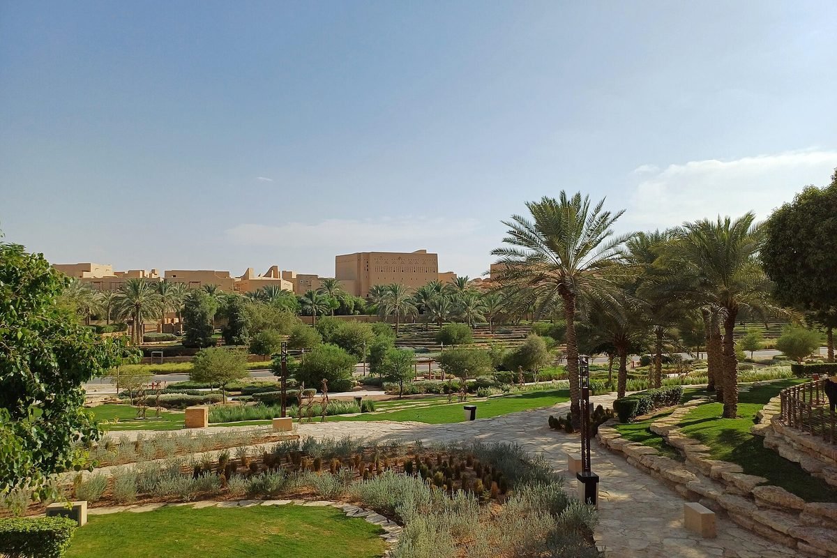 مبانٍ طينية ونخيل على حافة وادي حنيفة في الدرعية